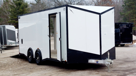 New 8 X 20 CAR HAULER ENCLOSED REMOVABALE FENDER ESCAPE DOOR 5200# AXLES ALL ALUMINUM 2026 LIGHTNING