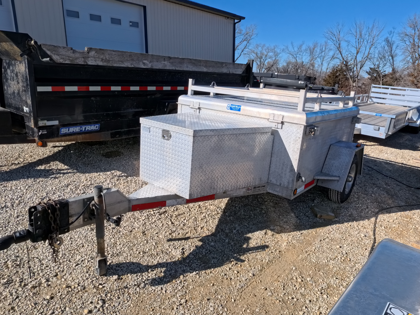 Used 2009 Alum-Line 6 x 5 Enclosed Utility Trailer with Cargo Rack on Top, Front Tool Box, Back Barn Doors, Side Door and Spare Tire