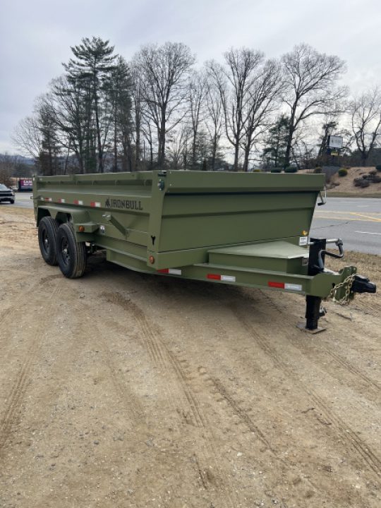 New 2026 Iron Bull Dump Trailer / DTB Sniper Series / 83" Wide x 14' Long / Scissor Hoist / Ramp / Tarp / 24" High Sides / Sniper Series / Military Green Color