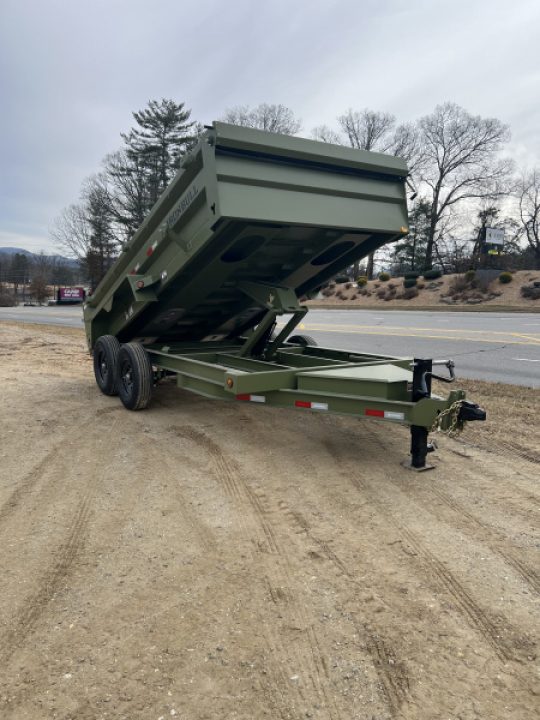 New 2026 Iron Bull Dump Trailer / DTB Sniper Series / 83" Wide x 14' Long / Scissor Hoist / Ramp / Tarp / 24" High Sides / Sniper Series / Military Green Color