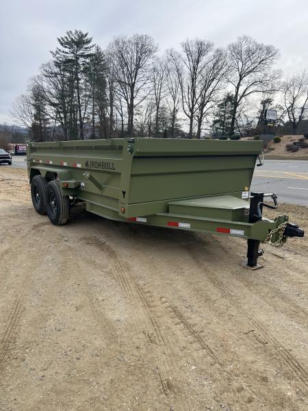 New 2026 Iron Bull Dump Trailer / DTB Sniper Series / 83" Wide x 14' Long / Scissor Hoist / Ramp / Tarp / 24" High Sides / Sniper Series / Military Green Color