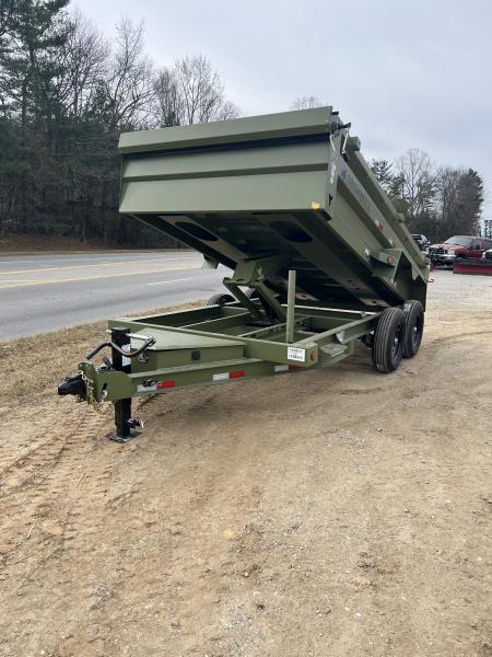 New 2026 Iron Bull Dump Trailer / DTB Sniper Series / 83" Wide x 14' Long / Scissor Hoist / Ramp / Tarp / 24" High Sides / Sniper Series / Military Green Color