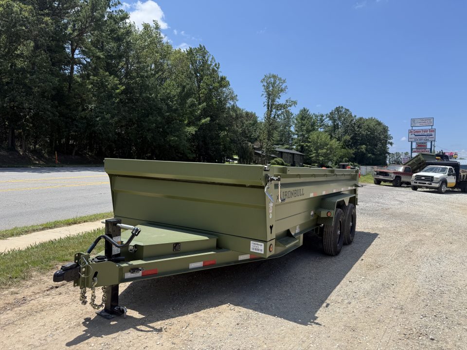 New 2026 Iron Bull Dump Trailer / DTB Series / 83" Wide x 16' Long / Scissor Hoist / Ramp / Tarp / 24" High Sides / Military Green Color