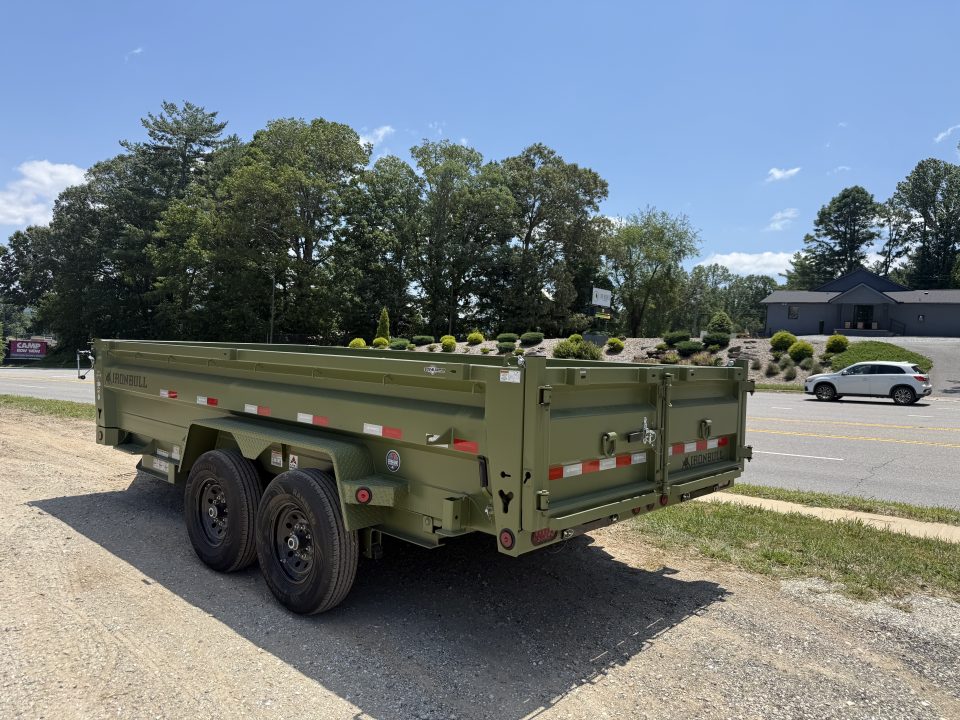 New 2026 Iron Bull Dump Trailer / DTB Series / 83" Wide x 16' Long / Scissor Hoist / Ramp / Tarp / 24" High Sides / Military Green Color