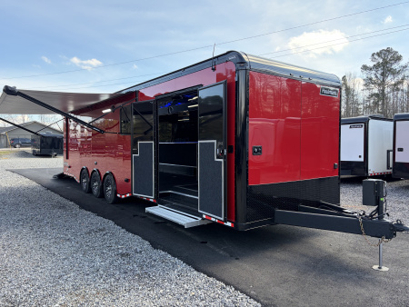 New 2026 Haulmark 34 Bathoom Race Trailer, Air Prep PKG, Awning, Polycor, Insulated, Window, 54  ALX Slide Out Step, A/C + Heat