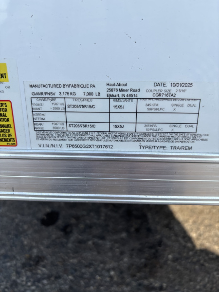 New 2026 Haul About Trailers CGR716TA2 Cargo / Enclosed Trailer