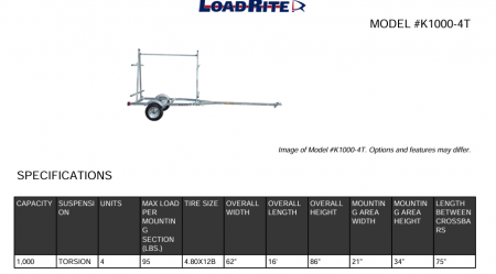 New 2026 Load Rite 4 Place Kayak Trailer w/ Swing up Jack