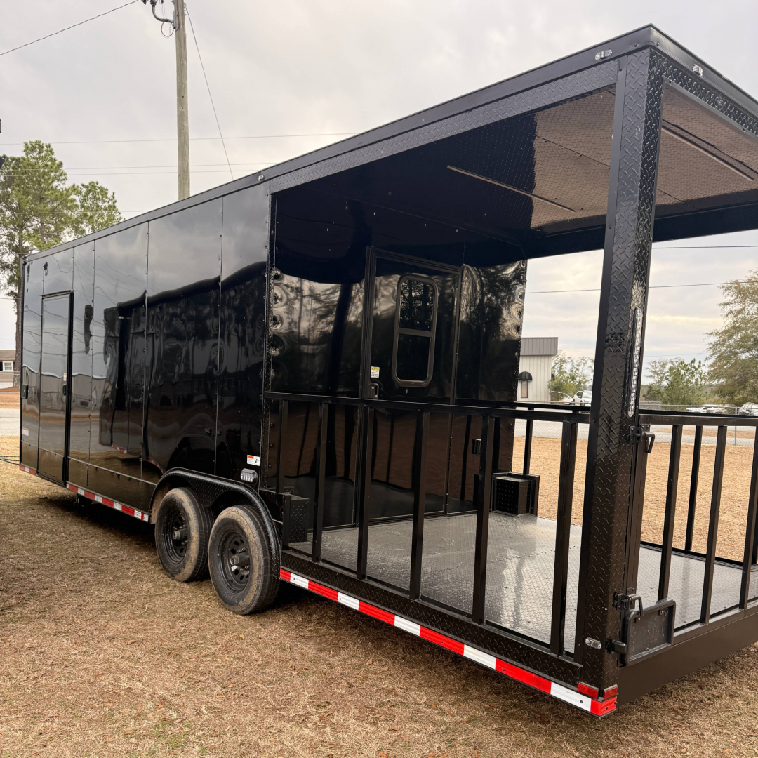 New 8.5X26TA3 Black Concession Porch Trailer
