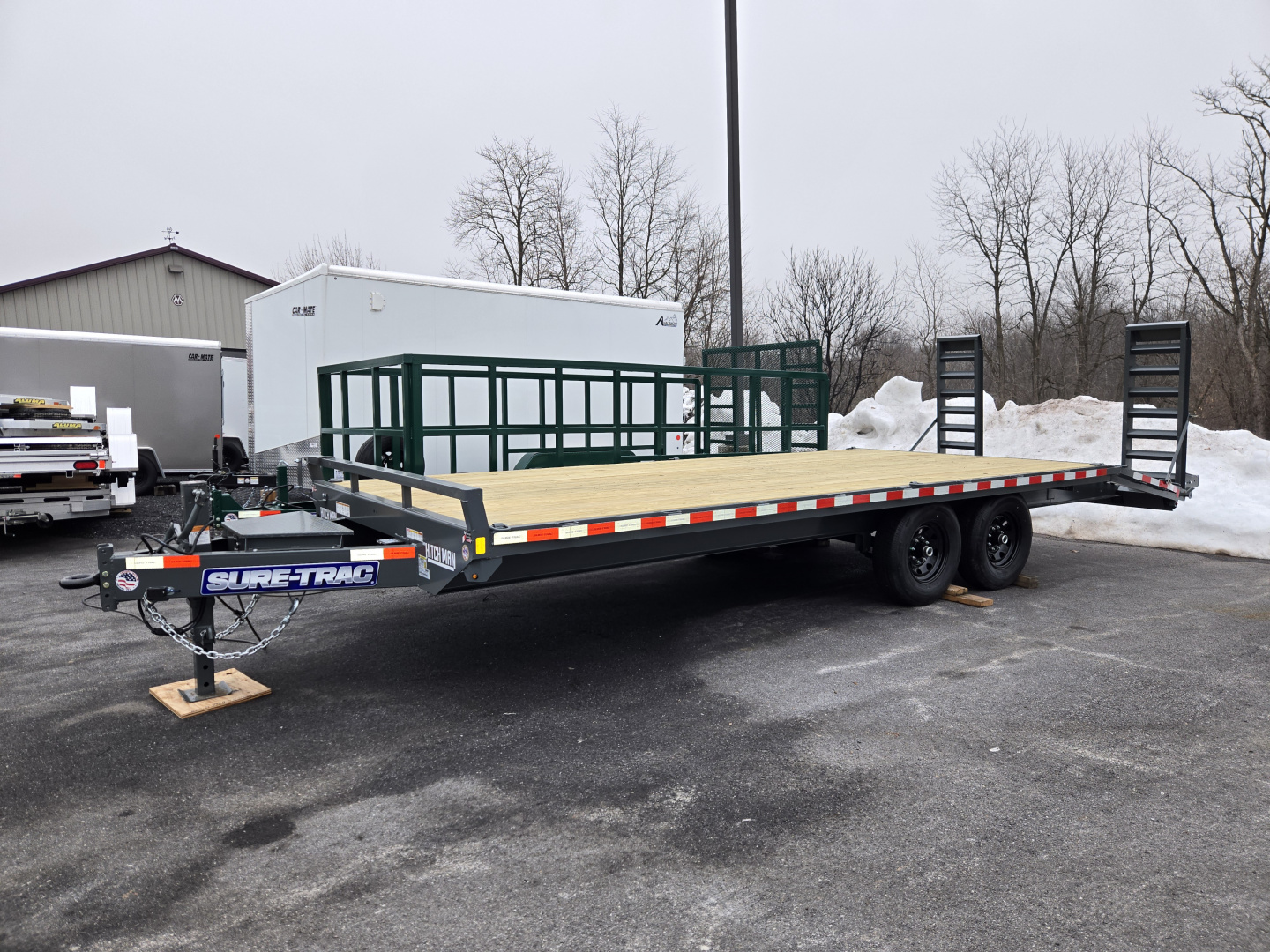 New 8.5 x 22 (18+4) Sure-Trac Beavertail Deckover Equipment Trailer, 15k GVWR ***Gray w/ Toolbox in Tongue, 12k Jack, Pintle Eye