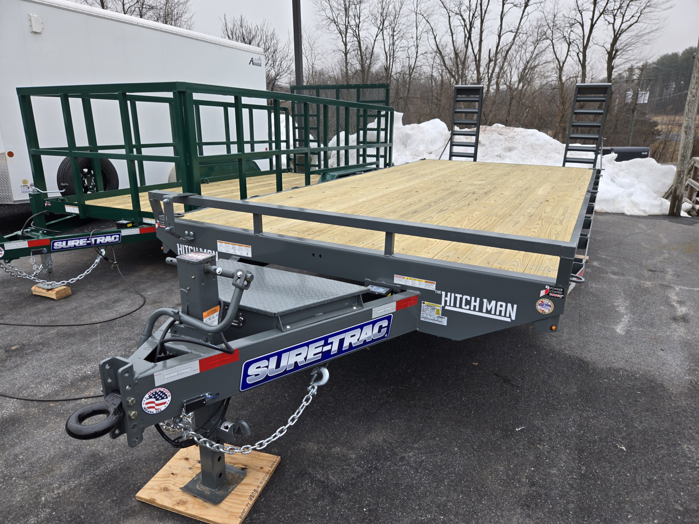 New 8.5 x 22 (18+4) Sure-Trac Beavertail Deckover Equipment Trailer, 15k GVWR ***Gray w/ Toolbox in Tongue, 12k Jack, Pintle Eye