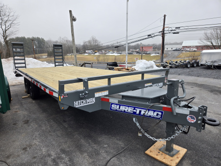New 8.5 x 22 (18+4) Sure-Trac Beavertail Deckover Equipment Trailer, 15k GVWR ***Gray w/ Toolbox in Tongue, 12k Jack, Pintle Eye