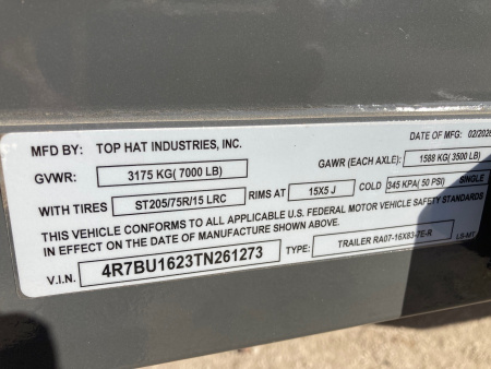 New 2026 Top Hat Trailers 16' X 83" RA UtilityTrailer