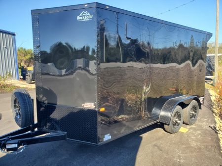 New 2026 Rock Solid Cargo 7X14 TANDEM AXLE Cargo / Enclosed Trailer .080 BLACK POLYCORE WITH BLACKOUT PACKAGE, REAR SPOILER W/LOADING LIGHTS, LED INTERIOR LIGHTS, 4 D-RINGS, MAG WHEELS INCLUDING SPARE