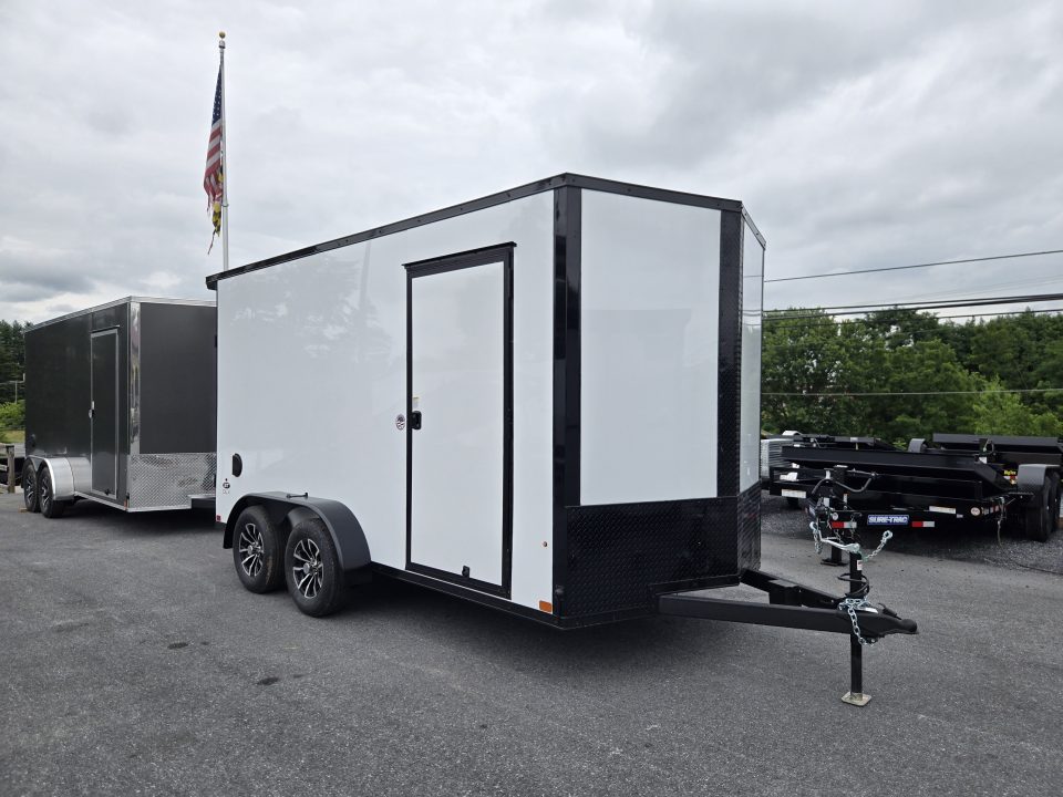 New 7 x 14 Look ST DLX V-Nose Cargo Trailer, 7k GVWR ***White PolyCor w/ Blackout Trim, Ramp Door, Alum Wheels, Rear Flare w/ Lights, Stabilizer Jacks