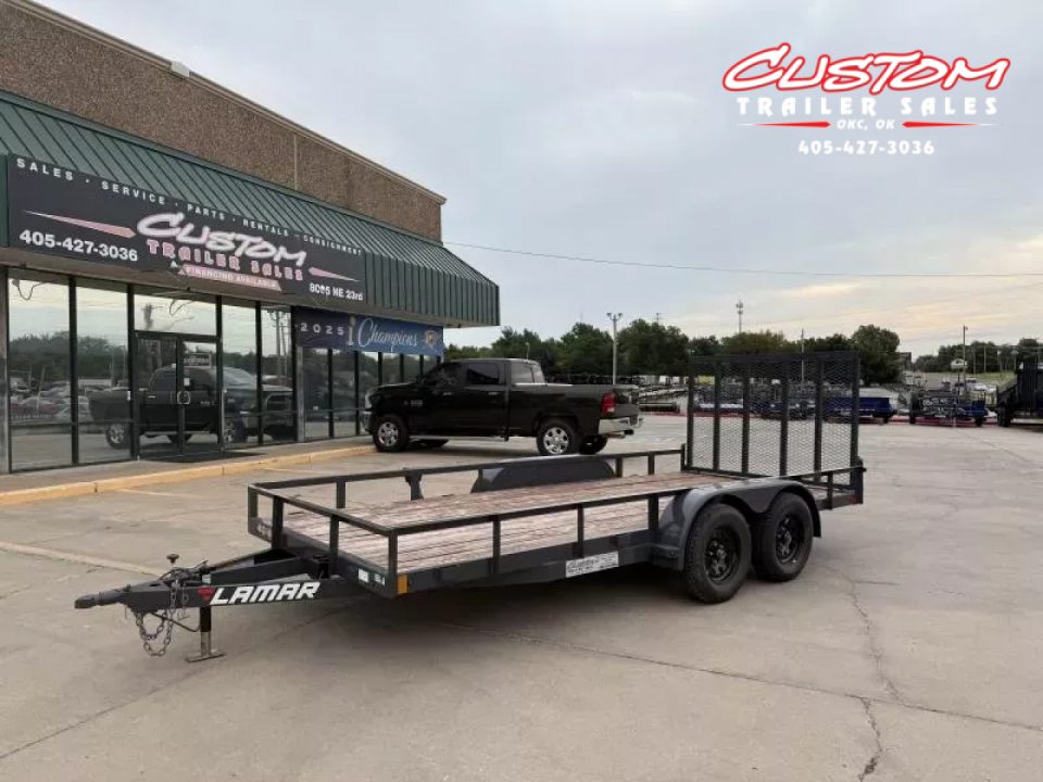Used #118274 USED 2023 LAMAR UC 16 X 77 TANDEM AXLE 7K ANGLE TOP UTILITY W/ REAR RAMP GATE