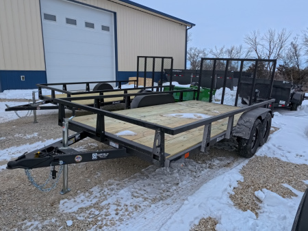 New 2026 HTC 7 x 14 Tandem Axle Utility Trailer includes channel uprights with 4 hole cargo securement options, 7K GVWR