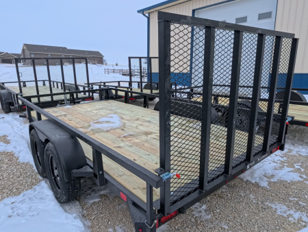 New 2026 HTC 7 x 14 Tandem Axle Utility Trailer includes channel uprights with 4 hole cargo securement options, 7K GVWR