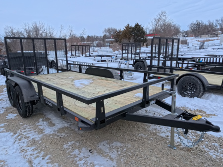 New 2026 HTC 7 x 14 Tandem Axle Utility Trailer includes channel uprights with 4 hole cargo securement options, 7K GVWR