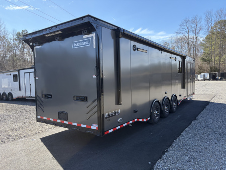 New 2026 Haulmark 34 Bathroom Race Trailer, Air Prep PKG, Awning, Polycor, Insulated, Window, 54" ALX Slide Out Step, A/C + Heat