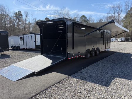 New 2026 Haulmark 34 Bathroom Race Trailer, Air Prep PKG, Awning, Polycor, Insulated, Window, 54" ALX Slide Out Step, A/C + Heat