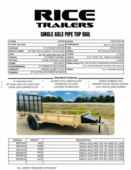 New 2026 RICE TRAILERS SA Pipe Toprail 82" X 12' Utility Trailer