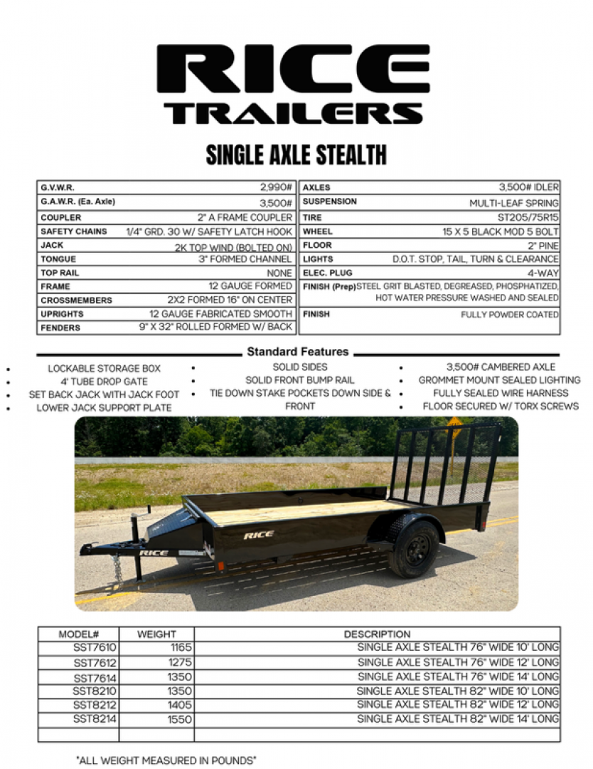 New 2026 Rice SA STEALTH 82" X 12' Utility Trailer