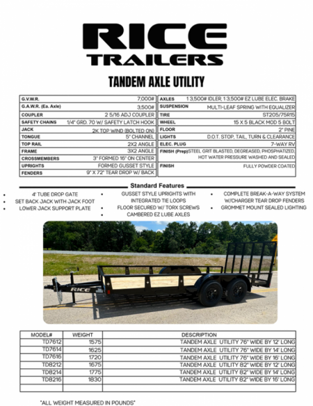 New 2026 Rice Trailers Tandem 82" X 18' Utility Trailer