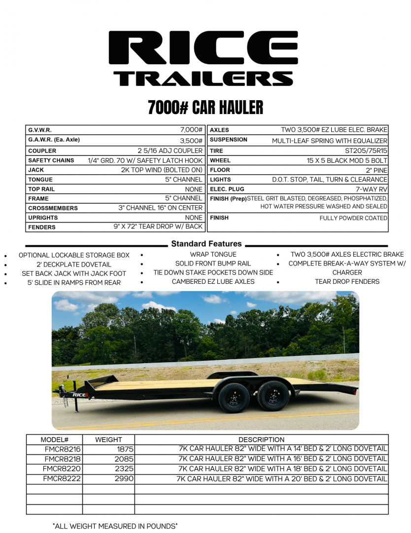New 2026 Rice 82" x 20 7k Flatbed Trailer