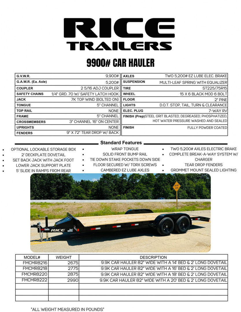 New 2026 Rice Trailers 82" x 22' 10k Flatbed Trailer