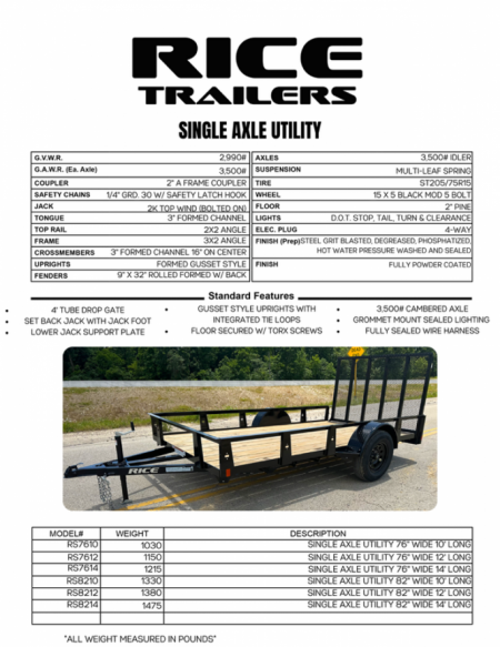 New 2026 Rice SA 82" X 14' Utility Trailer