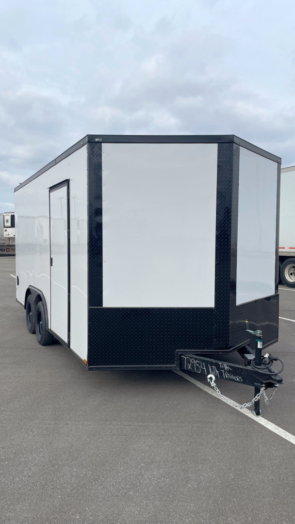 New 8.5' x 16' Enclosed Cargo Trailer: White, Black Trim, 7000 GVWR, .080 Polycore