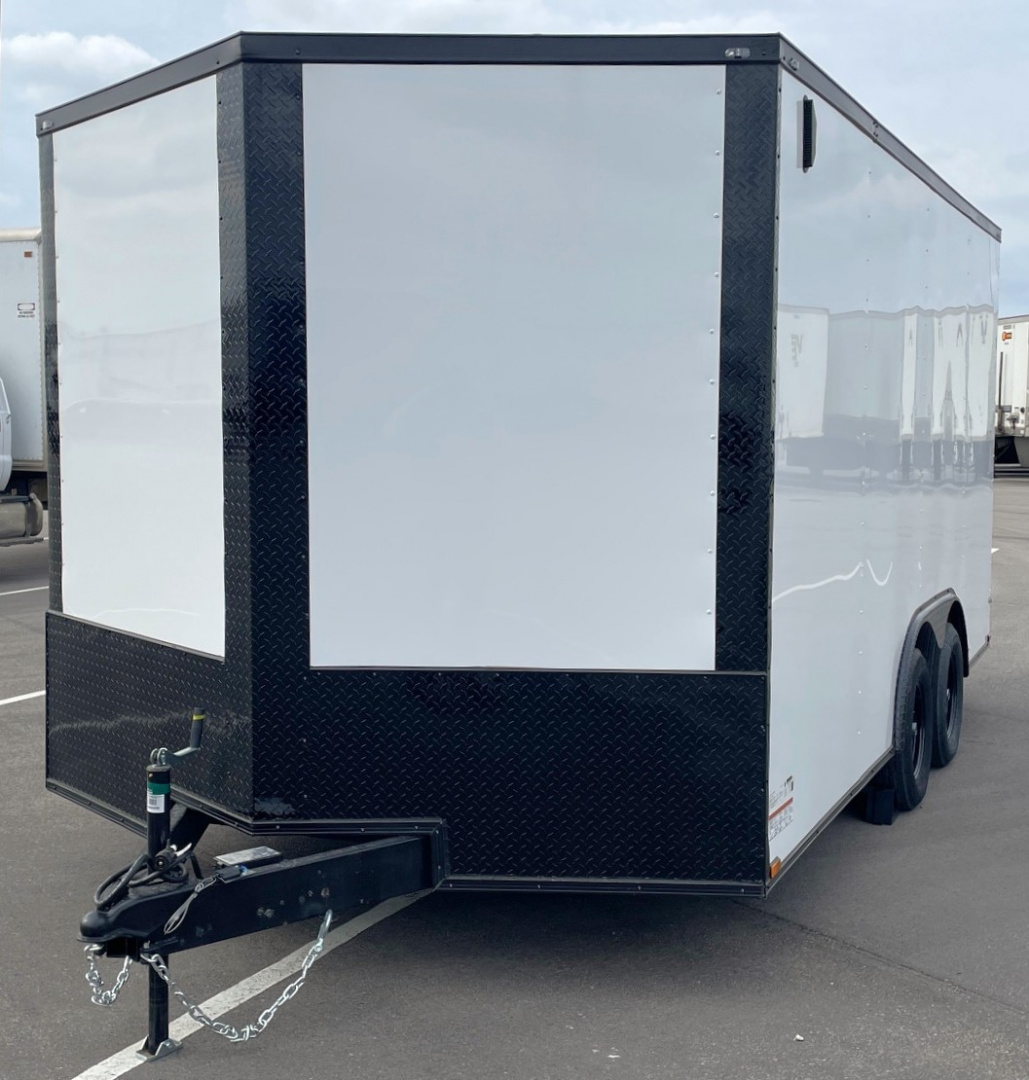 New 8.5' x 16' Enclosed Cargo Trailer: White, Black Trim, 7000 GVWR, .080 Polycore