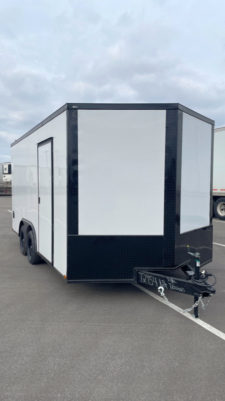 New 8.5' x 16' Enclosed Cargo Trailer: White, Black Trim, 7000 GVWR, .080 Polycore