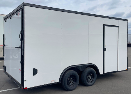 New 8.5' x 16' Enclosed Cargo Trailer: White, Black Trim, 7000 GVWR, .080 Polycore