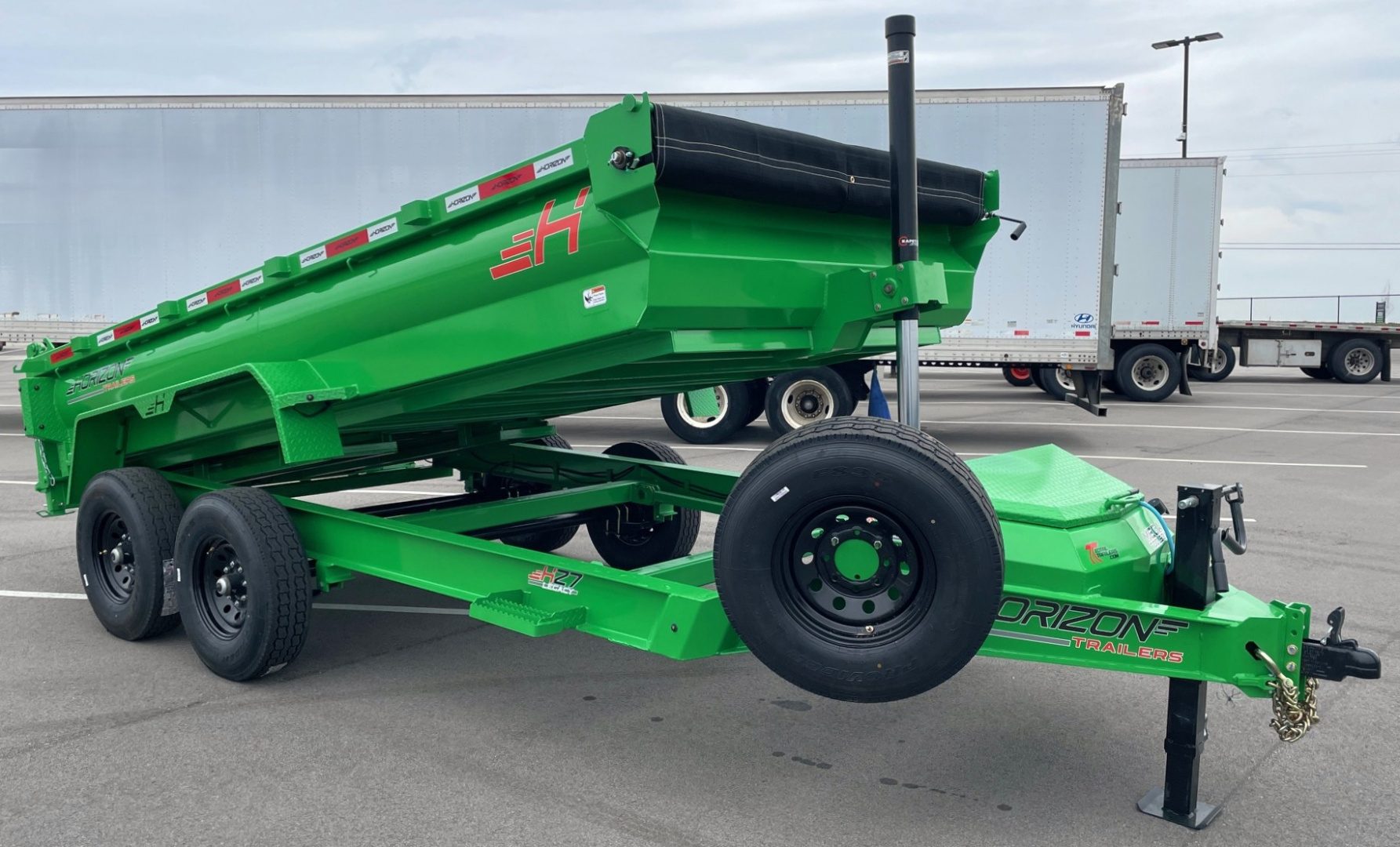 New Horizon 14' HZ7 Lime Green Telescopic Dump Trailer: 15.2K GVWR, Spare, Ramps