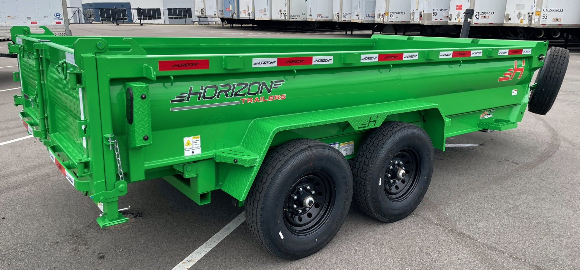 New Horizon 14' HZ7 Lime Green Telescopic Dump Trailer: 15.2K GVWR, Spare, Ramps