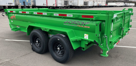 New Horizon 14' HZ7 Lime Green Telescopic Dump Trailer: 15.2K GVWR, Spare, Ramps