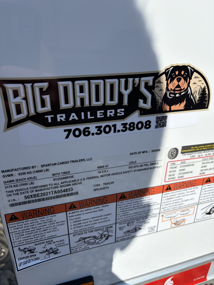 New 2026 Spartan 8.5x20 Enclosed Trailer, Pro-Series, 14K GVWR Big Package, 12" On Center Frame, 94" Wide Heavy Duty Ramp Door