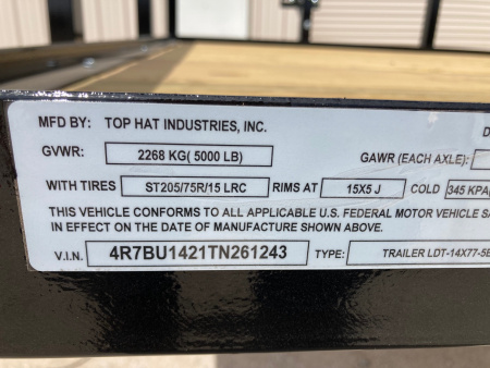 New 2026 Top Hat 14'X77" LDT Utility Trailer