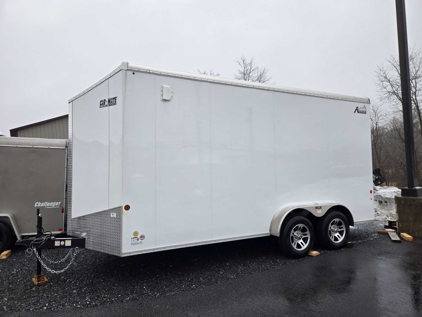 New 7 x 16 Car Mate AVALANCHE V-Nose Cargo Trailer, 7k GVWR ***White w/18" Extra Height, Ramp Door, Alum Wheels