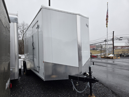New 7 x 16 Car Mate AVALANCHE V-Nose Cargo Trailer, 7k GVWR ***White w/18" Extra Height, Ramp Door, Alum Wheels