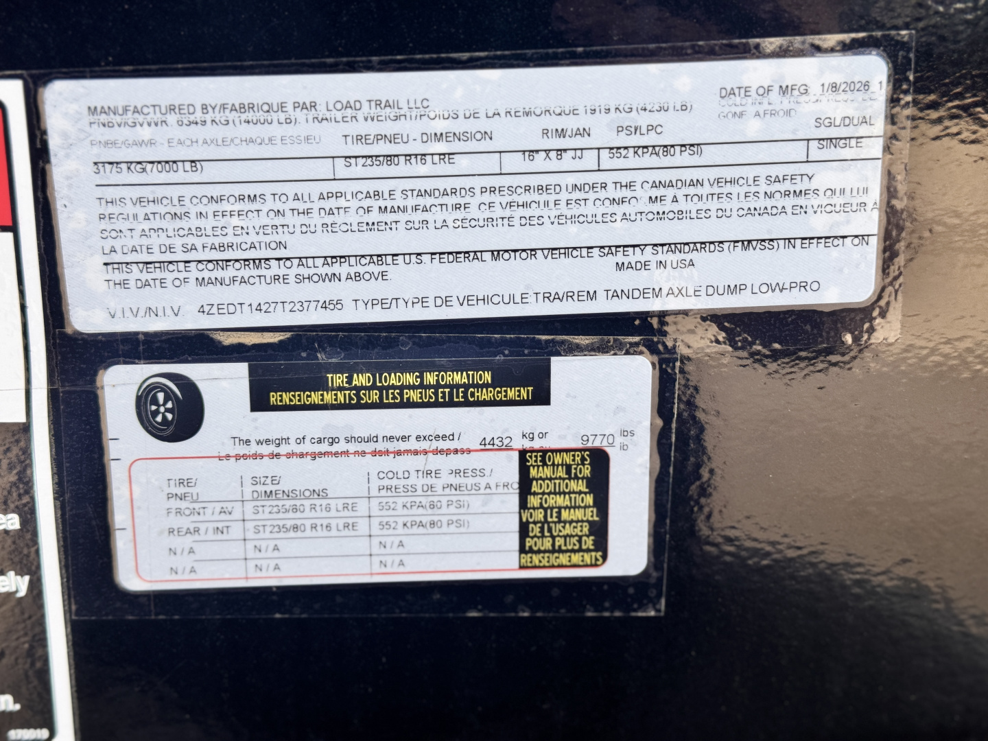 New 2026 Load Trail 7-14 Dump W/ Hydraulic Jack 7K Axles