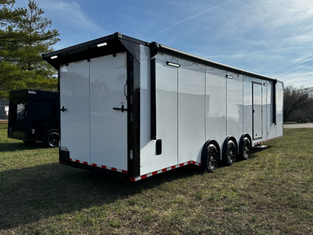 New 2026 Rock Solid Cargo 8.5x32 Bathroom/Race Trailer- Finished Interior-FLAT FRONT-7000LB Triple Torsion - 4X6 Escape Door - 25ft Awning