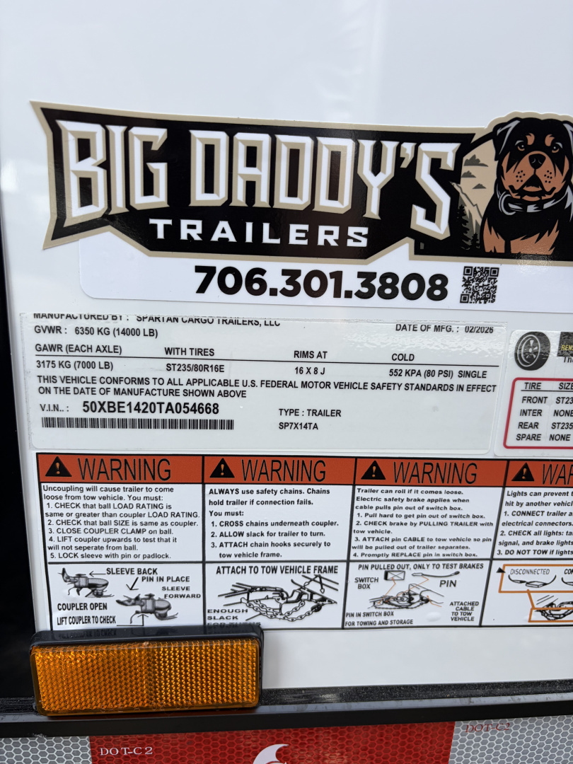 New 2026 Spartan 7X14 Enclosed Trailer, Pro-Series, 14K GVWR Big Package, 12" On Center Frame