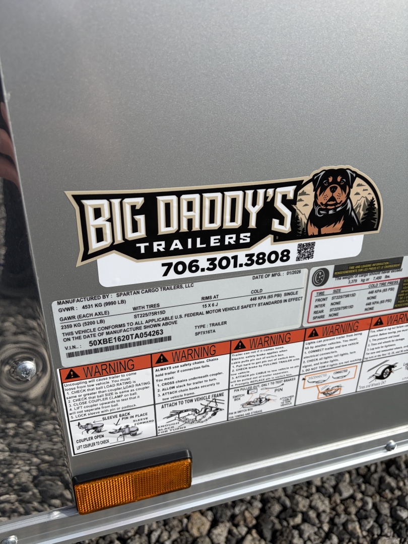 New 2026 Spartan 7X16 Enclosed Trailer, 10K GVWR, Pro Series, PolyCor, StableDeck, 7' Interior