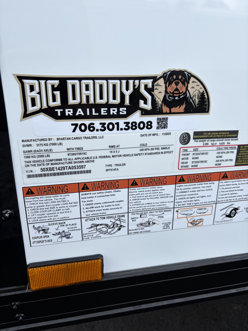 New 2026 Spartan 7X14 Enclosed Trailer, Pro-Series, 7K GVWR Preferred Package, Tube Frame Cross Members