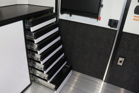 New In-Tech Lite 8.5x32 Stacker Race Trailer-21K - White W/ L Base Cabinet, Winch & WW Cabinet