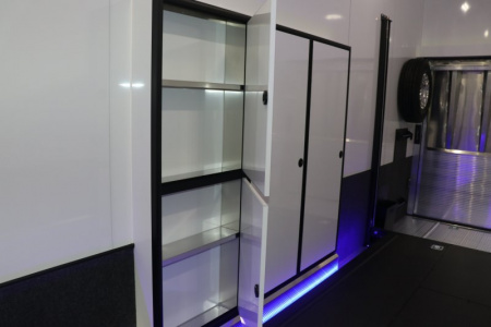 New In-Tech Lite 8.5x32 Stacker Race Trailer-21K - White W/ L Base Cabinet, Winch & WW Cabinet