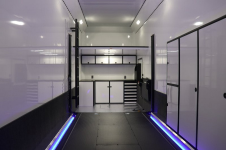 New In-Tech Lite 8.5x32 Stacker Race Trailer-21K - White W/ L Base Cabinet, Winch & WW Cabinet