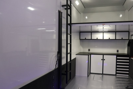 New In-Tech Lite 8.5x32 Stacker Race Trailer-21K - White W/ L Base Cabinet, Winch & WW Cabinet